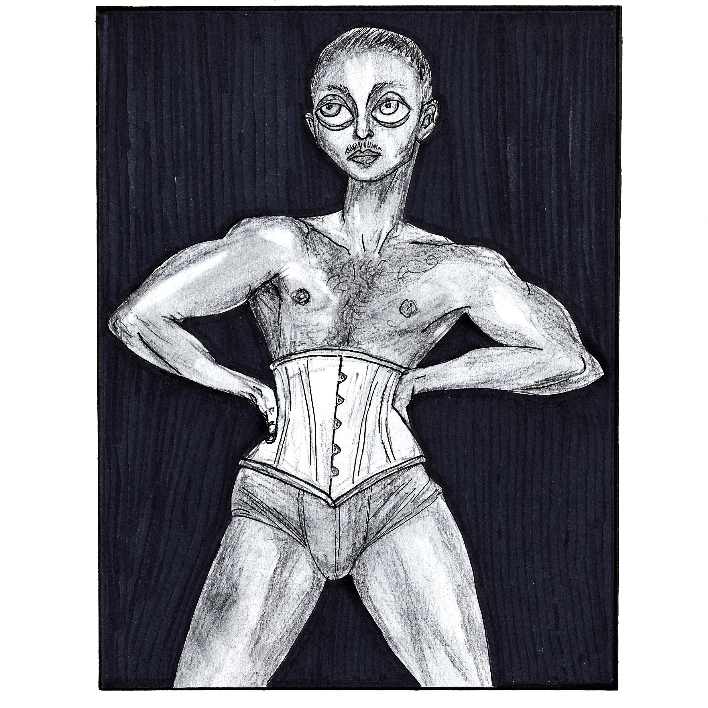 Mixed media grayscale composition of drag artist Pattie Gonia out of drag. They are naked besides boxers and a corset around their waist. They look both masculine and feminine with their musculature and body hair as their hands rest on their waist. 