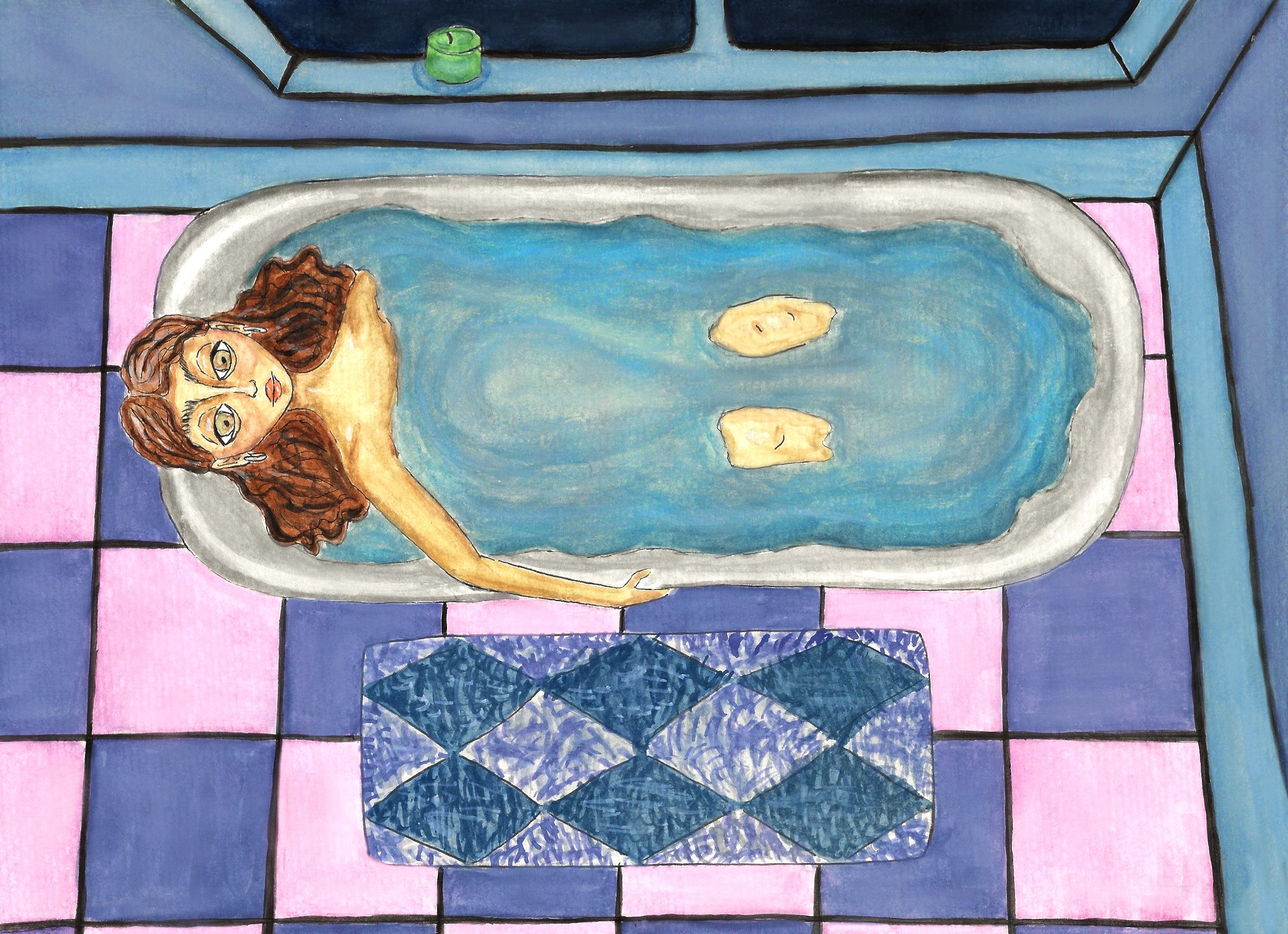 Gouache and watercolor painting of a girl in a bathtub positioned in the corner of a bathroom with a pink and purple checkered floor. A purple bath mat sits beside the tub, and a window with a candle rests on the ledge. Her knees peek above the water, and her dark hair floats just beneath the surface.