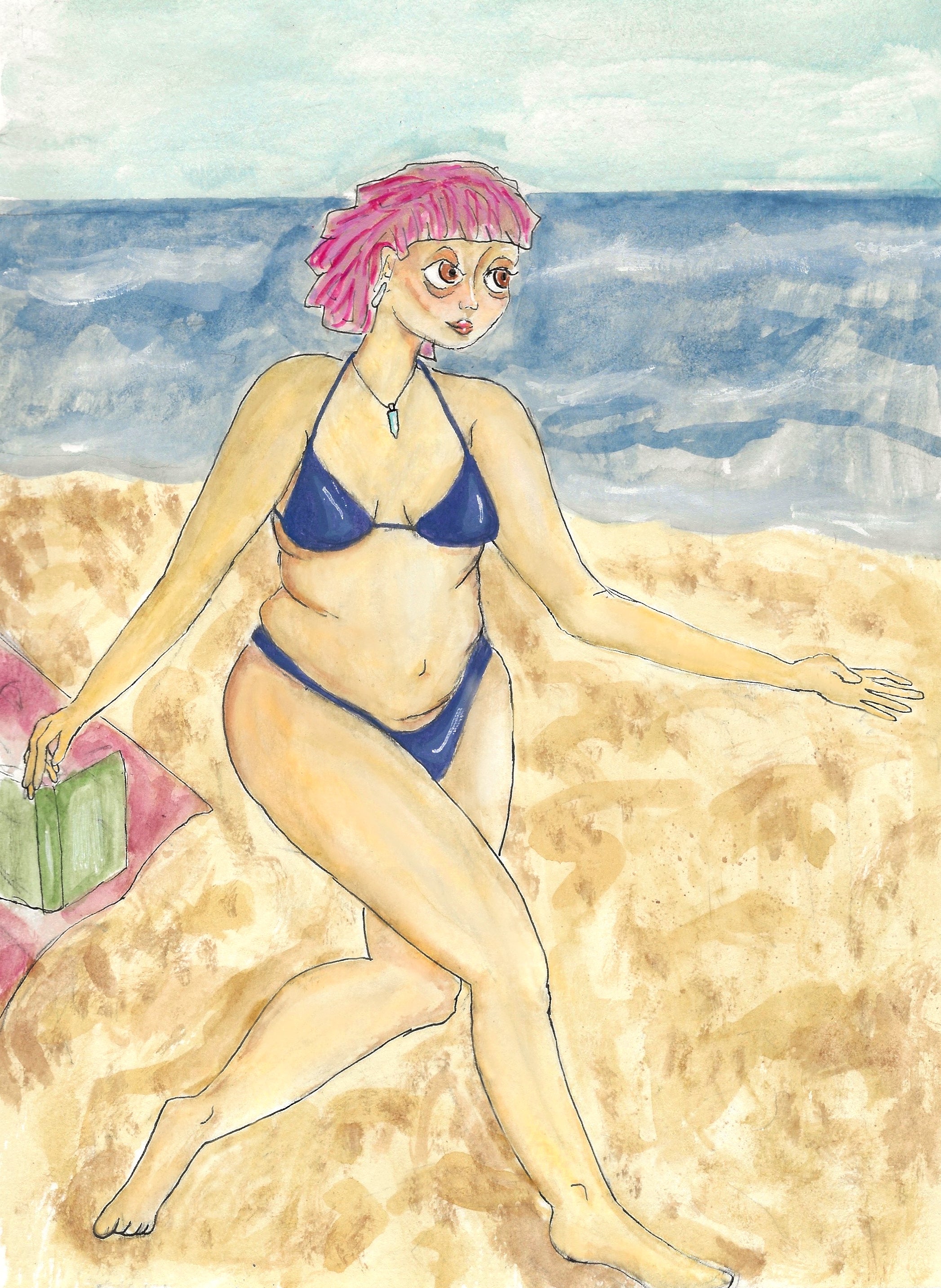 A gouache/watercolor painting of a person frolicking on a beach. They are smiling, have pink hair, and are wearing a purple bikini. Behind them is the ocean and a towel with a book on it.