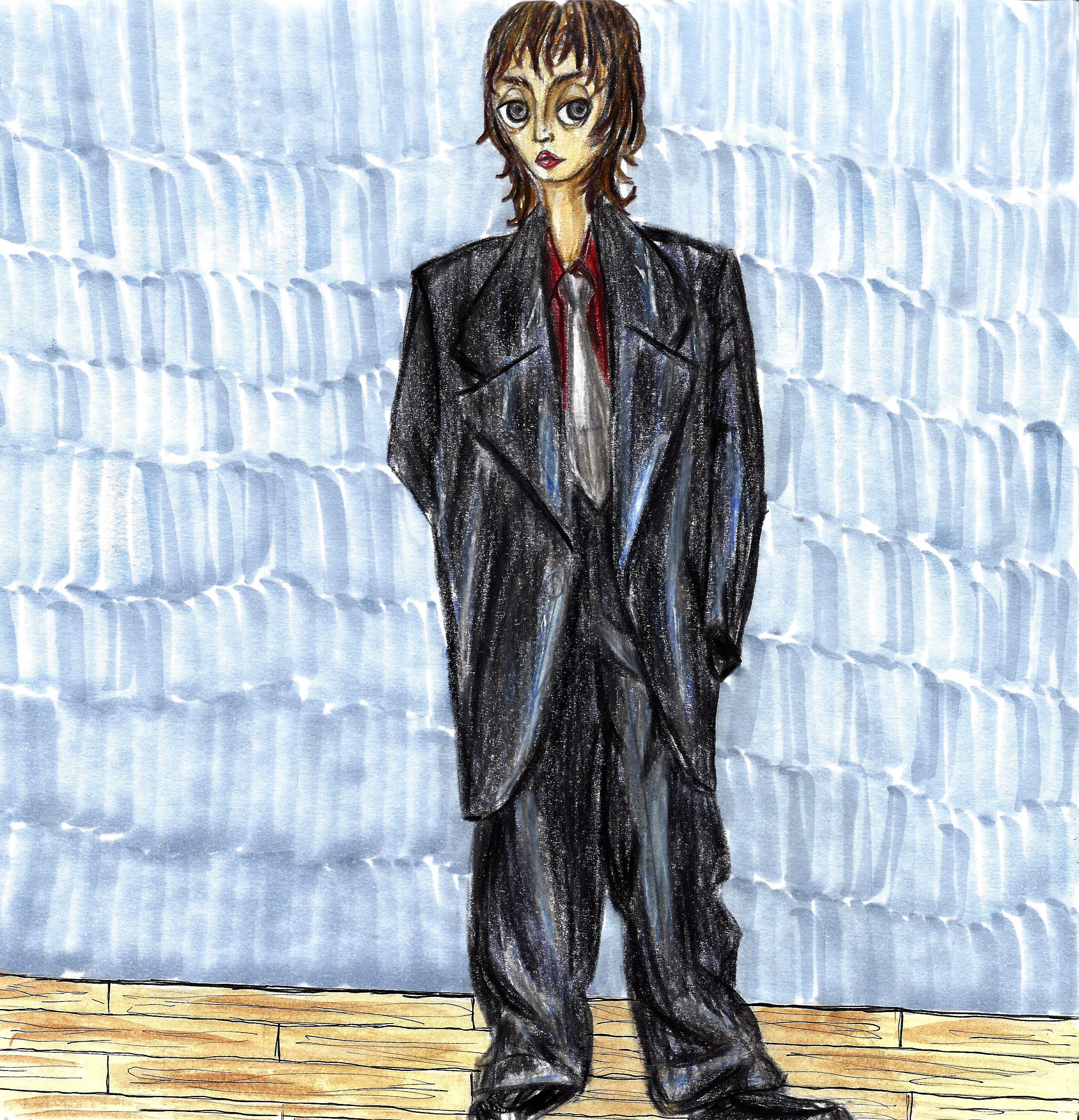 Mixed media composition of a masculine-presenting person in an oversized suit. Their pants pool at their ankles and their blazer hits their knees. They have shaggy brown hair, brown eyes, and are wearing a burgundy shirt and silver tie beneath the suit. They stand centered on wood floor created with watercolor wash and pen. The background behind them is created my small strokes of light gray marker. 