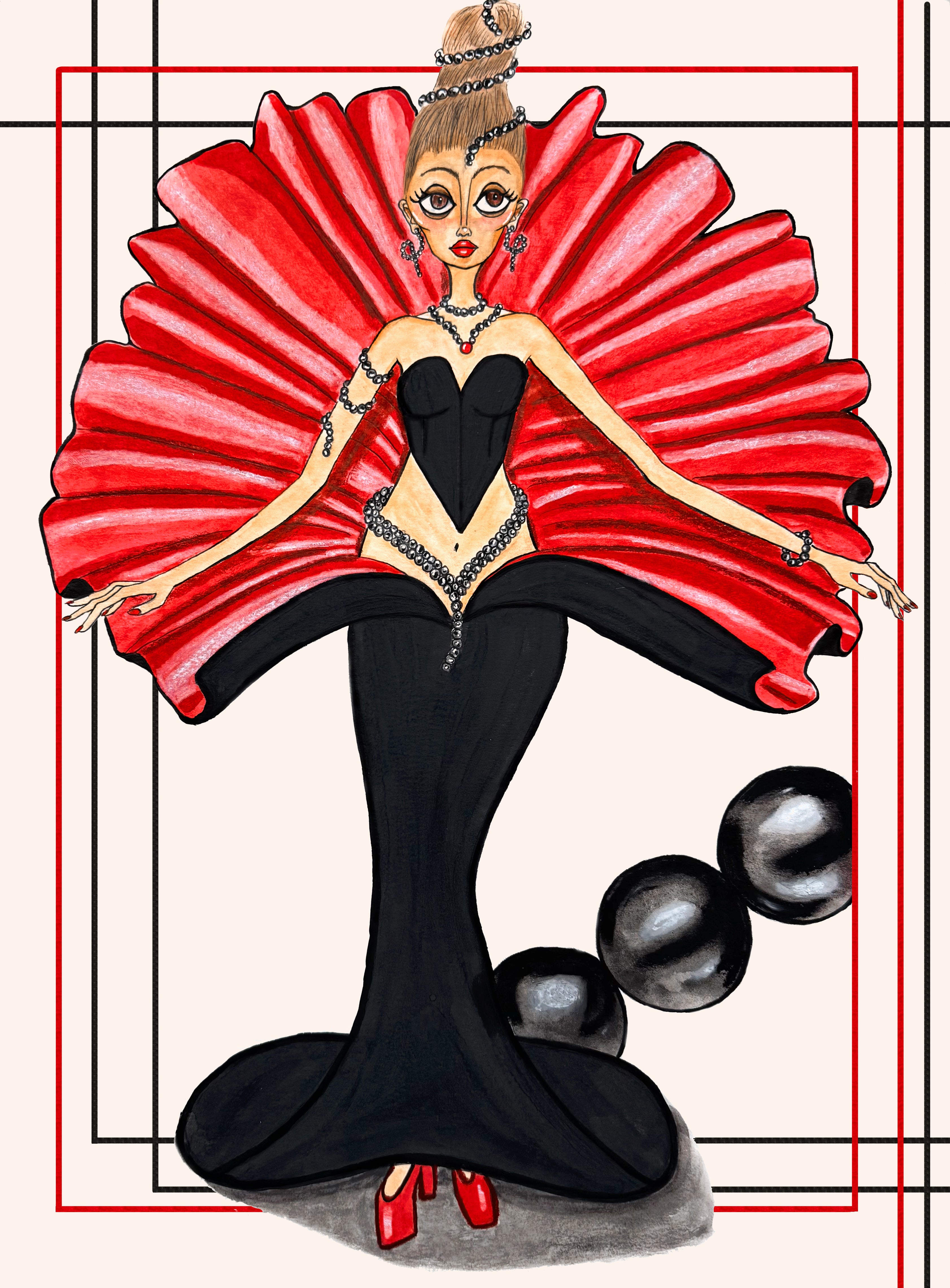 Mixed media composition of a woman in a Birth-of-venus dress. The corset and bottom half are black while the fabric surrounding her bust is a deep red. Her hair is up in an updo that is embellished by black pearls. The same pearls adorn her neck, wrists, arms, and waist. The background has large pearls to match and black and red frames around the figure.