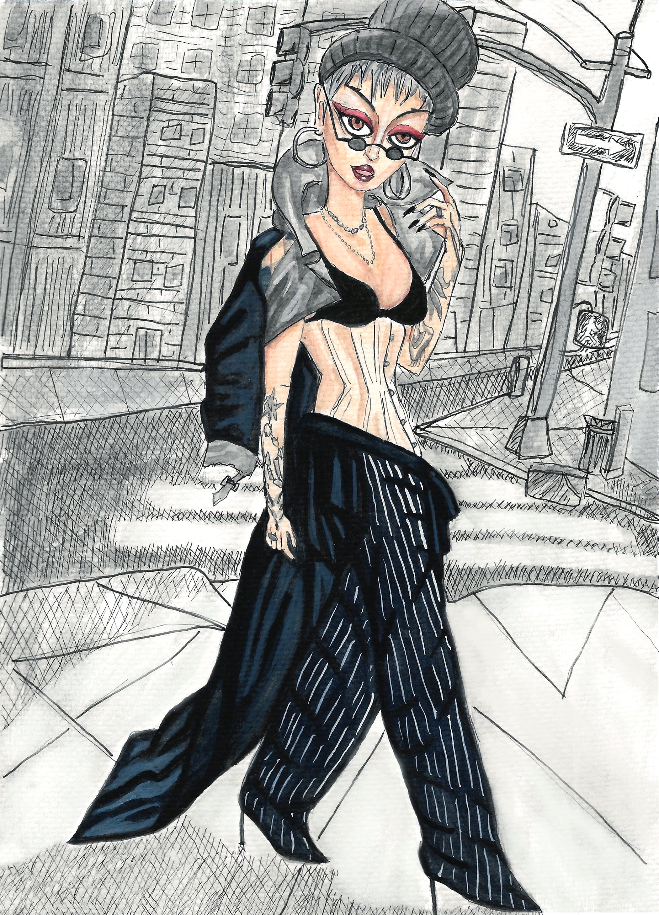 Mixed media portrait of Bosco, a drag performer, standing with one leg forward. She wears pinstripe trousers, stilettos, a cream corset, a black bra, and a long trench coat draped over her shoulders. She has a gray pixie cut, red eye makeup, tattoos on her forearms, and small glasses beneath a wide gray hat. The background suggests New York City in pen and light gray watercolor.