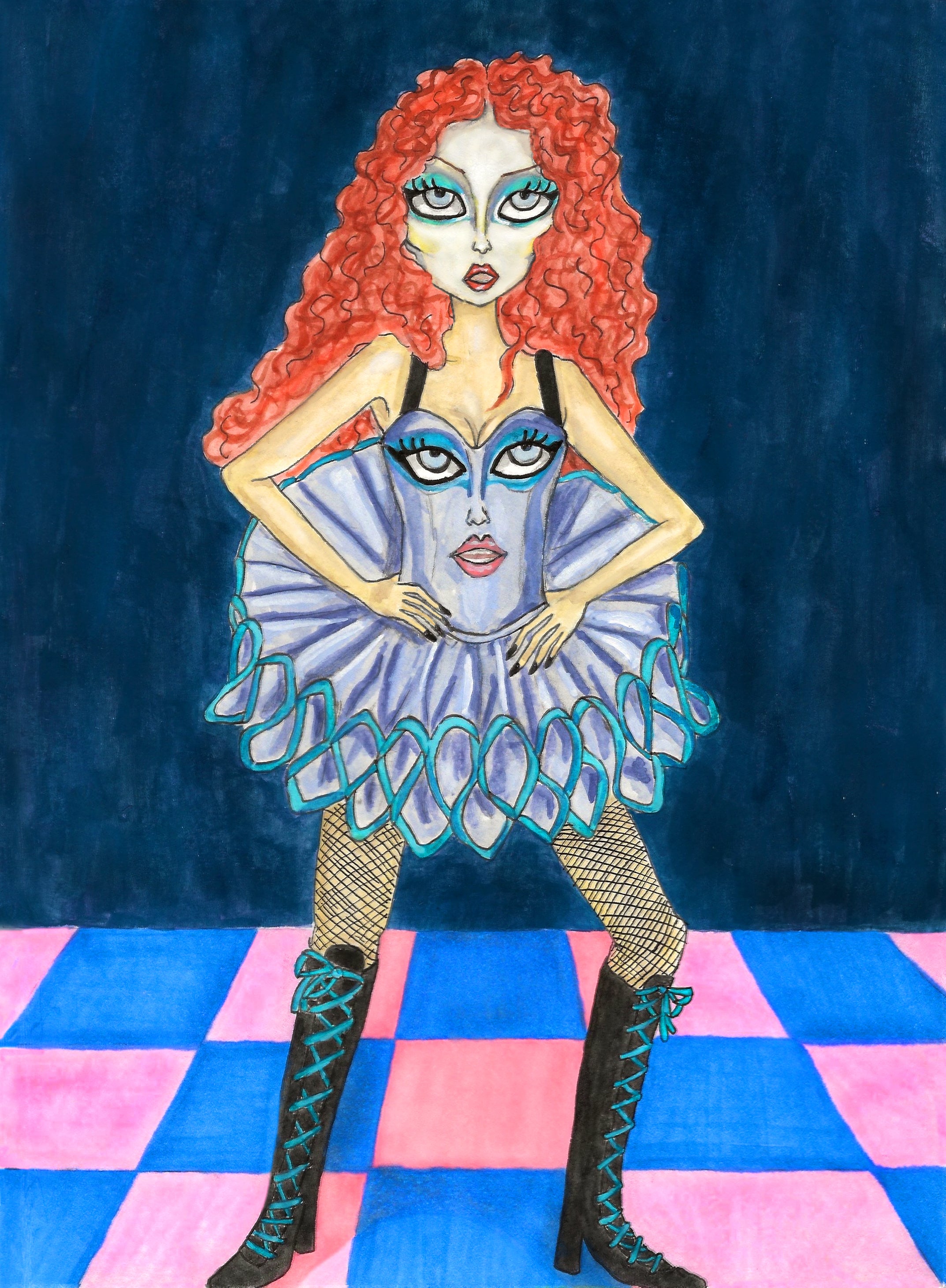 Mixed media composition of one of Chappell Roan’s tour outfits. She stands in the center of a blue and pink checkered floor. She is wearing fishnets, knee-high boots with blue laces, and a lavender structured tutu and corset. The corset has an image of her face with makeup on it, mirroring the intense blue eye makeup and red lip on her actual face. Her red hair billows around her neck. 