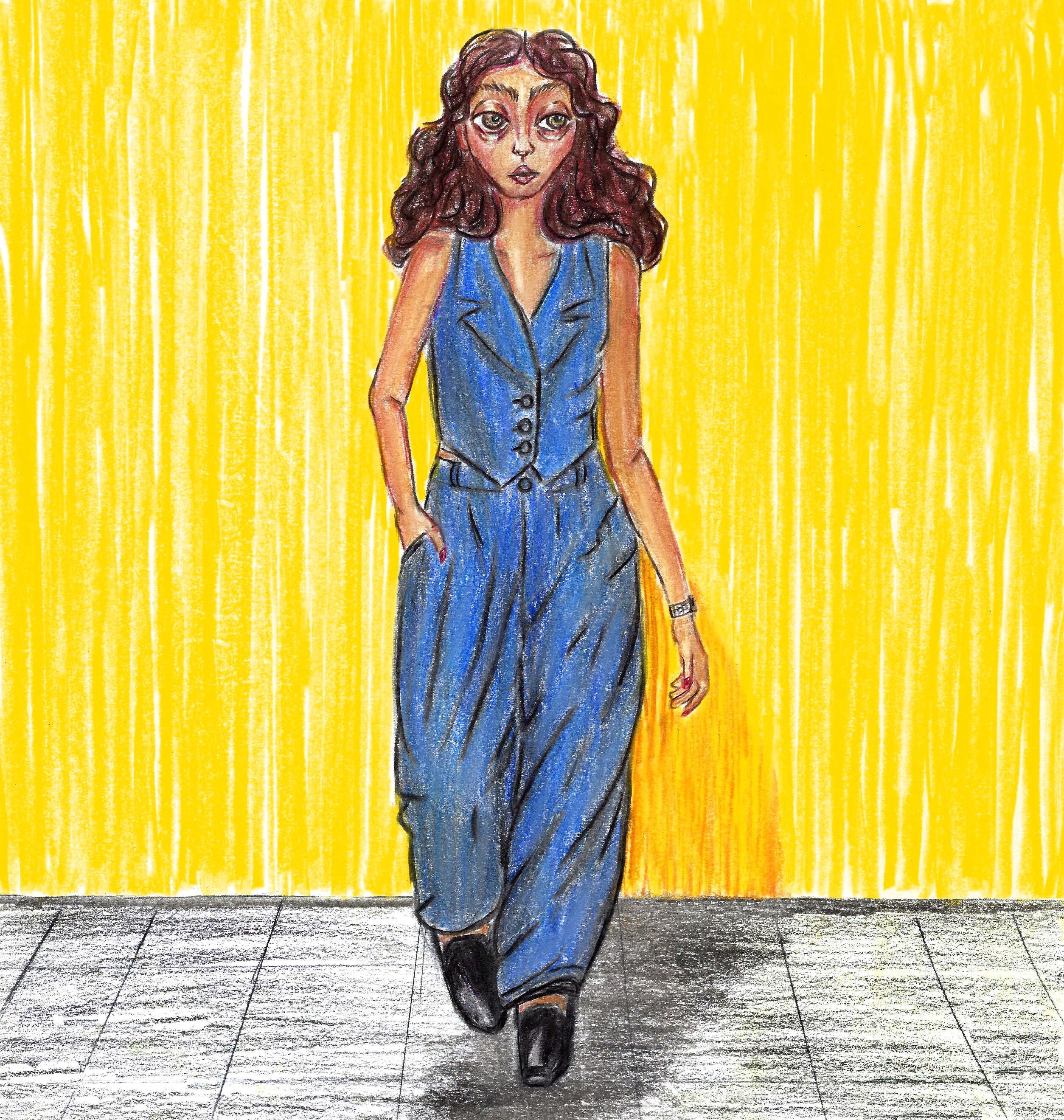 Colored pencil composition of a girl walking forward in a navy suit with billowing pants and a vest with a lapel. She has caramel-colored skin and dark brown hair, one hand in her pocket. A shadow falls across the gray floor beneath her, with a bright yellow wall behind.