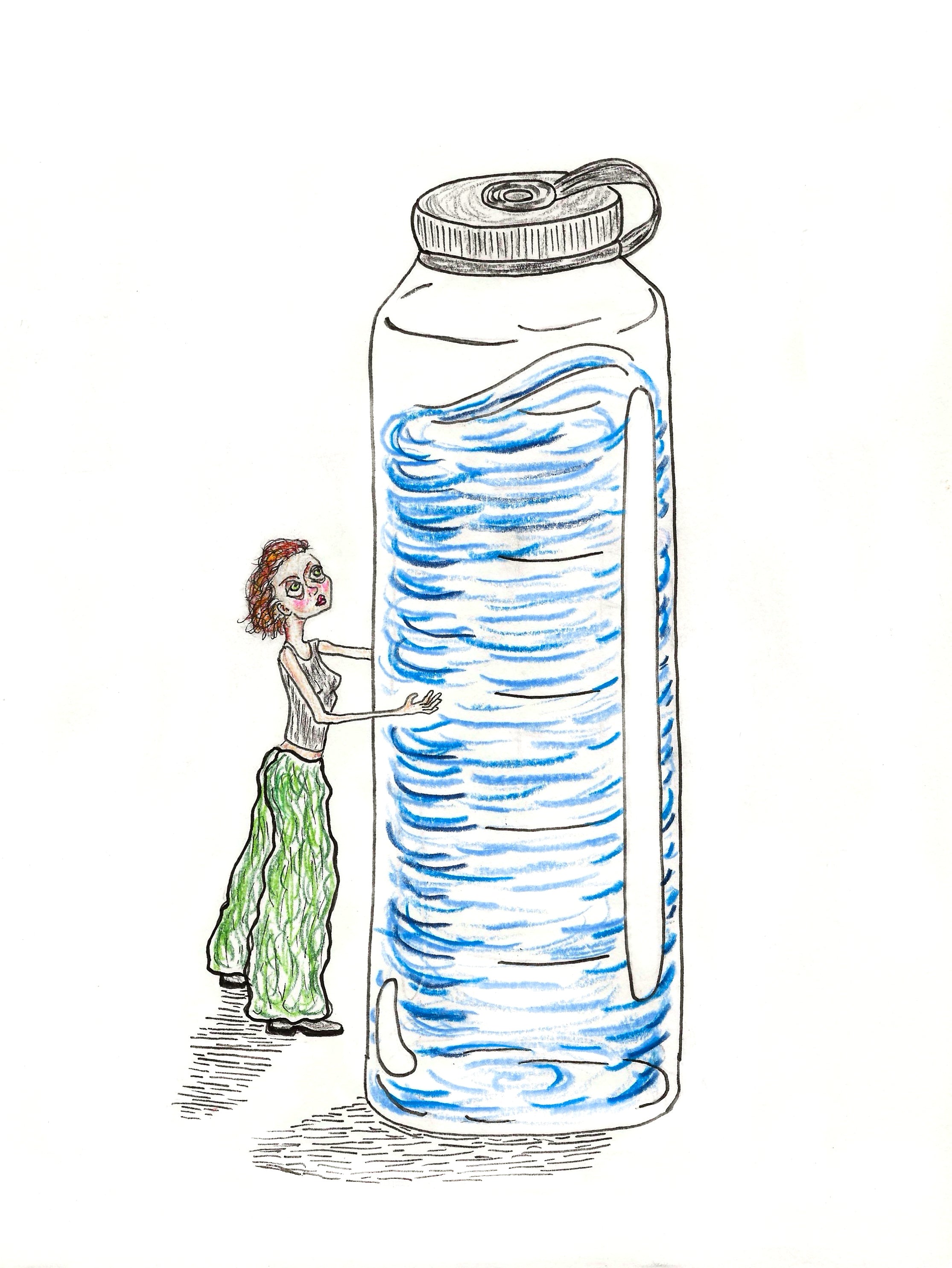 Marker and colored pencil drawing of a feminine-presenting person holding and looking up at a waterbottle twice their size. The person has short brown hair and is wearing big green pants, a tank top, and boots. Swirling lines of blue colored pencil give the quality of moving water within the bottle. 