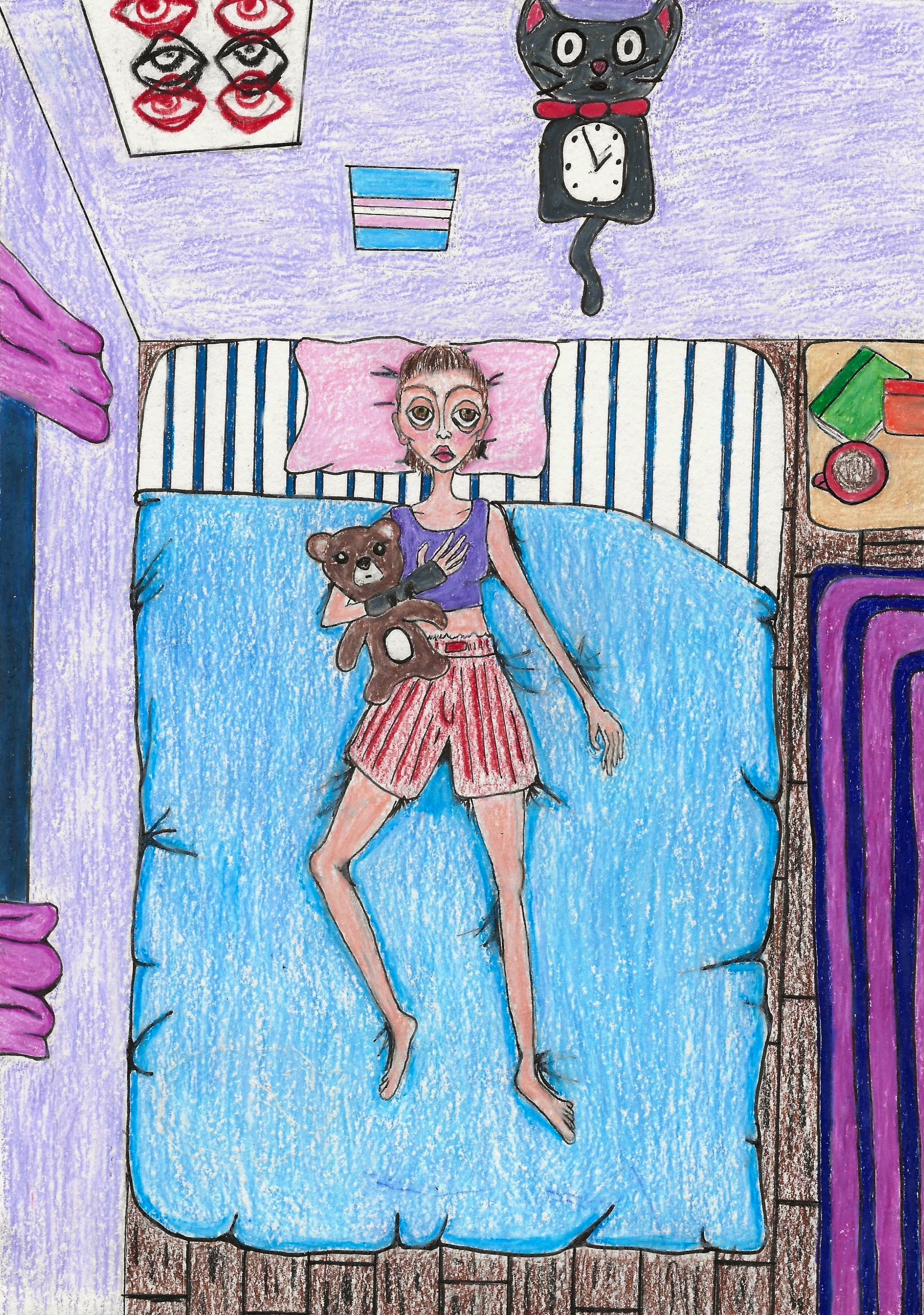Colored pencil self-portrait of an androgynous person lying on a bed in the corner of a purple room. They wear boxers and a tank top, stare at the ceiling, and hold a teddy bear to their chest. A wrist brace is visible. Nearby are a mug of tea and books, while the wall displays a cat clock, a trans flag, and a poster.