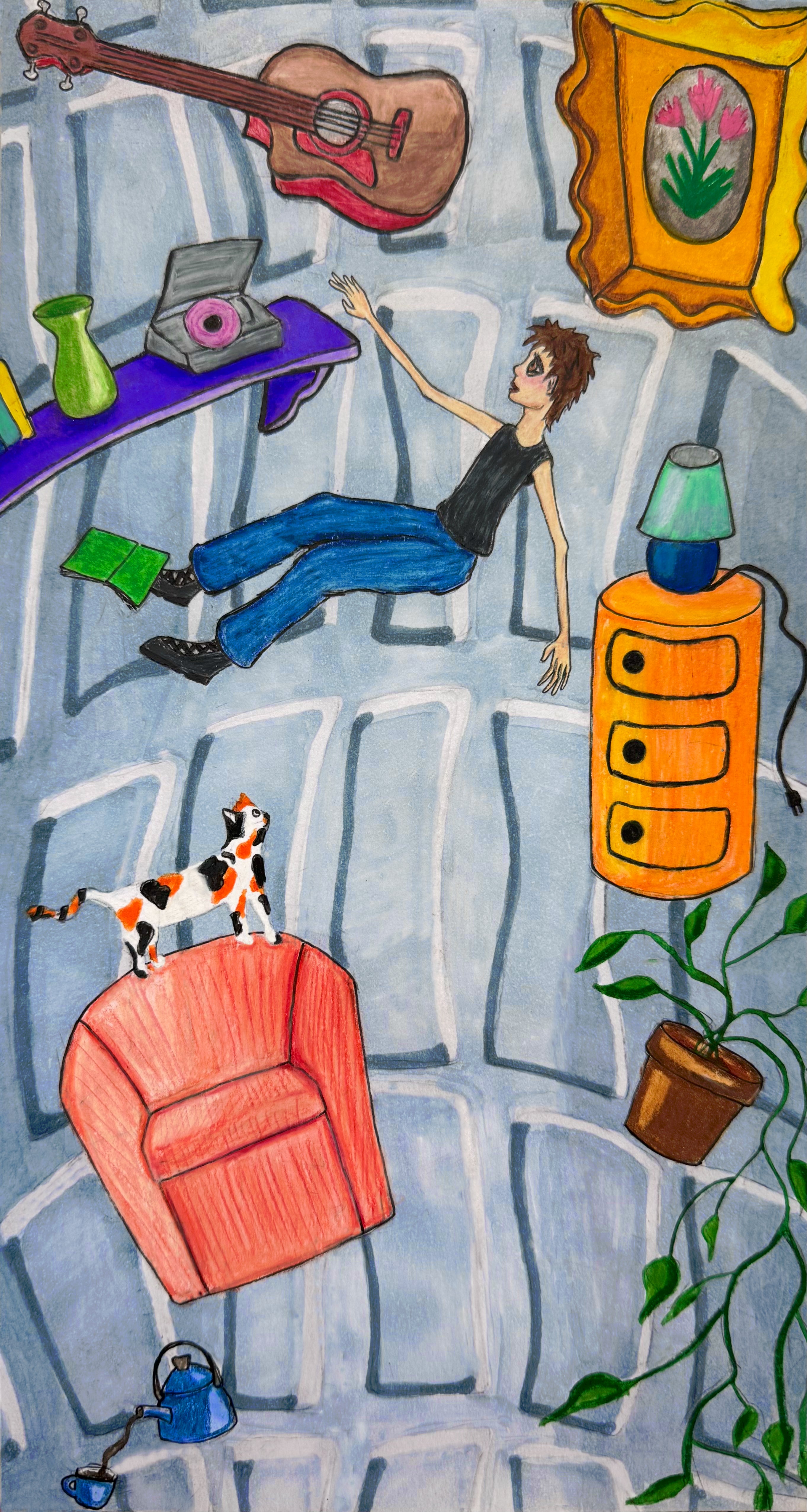 Colored pencil and marker drawing of the artist falling through space, surrounded by other falling objects and beings. These include a guitar, a floral painting, a shelf holding books and a record player, a pothos plant, a chair with a cat, and a kettle with a mug.