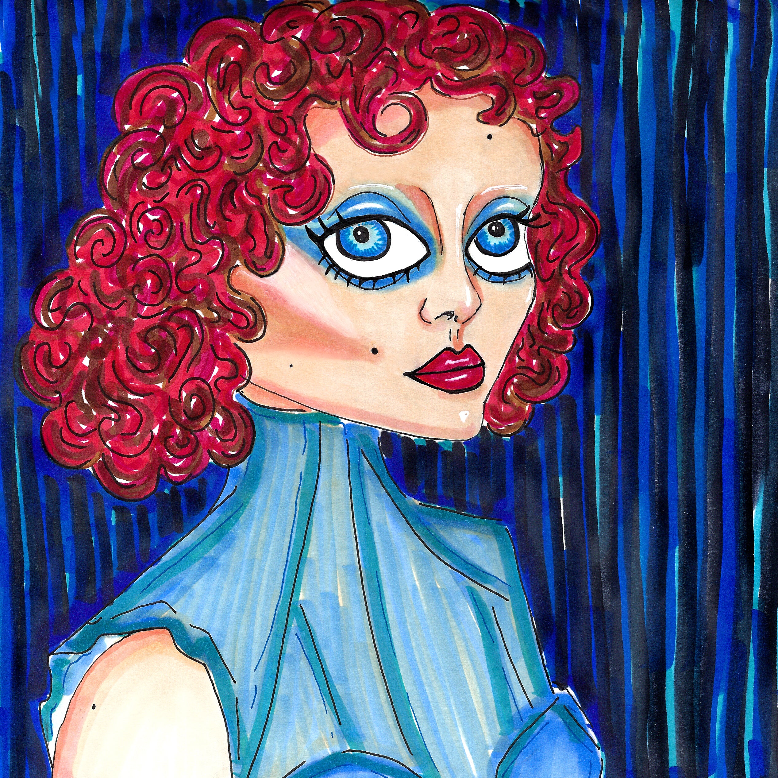 Mixed media illustration of a figure resembling Chappell Roan from the shoulders-up. She is wearing a blue turtleneck dress and blue eye makeup to match. Both her length hair and lips are a deep red color.