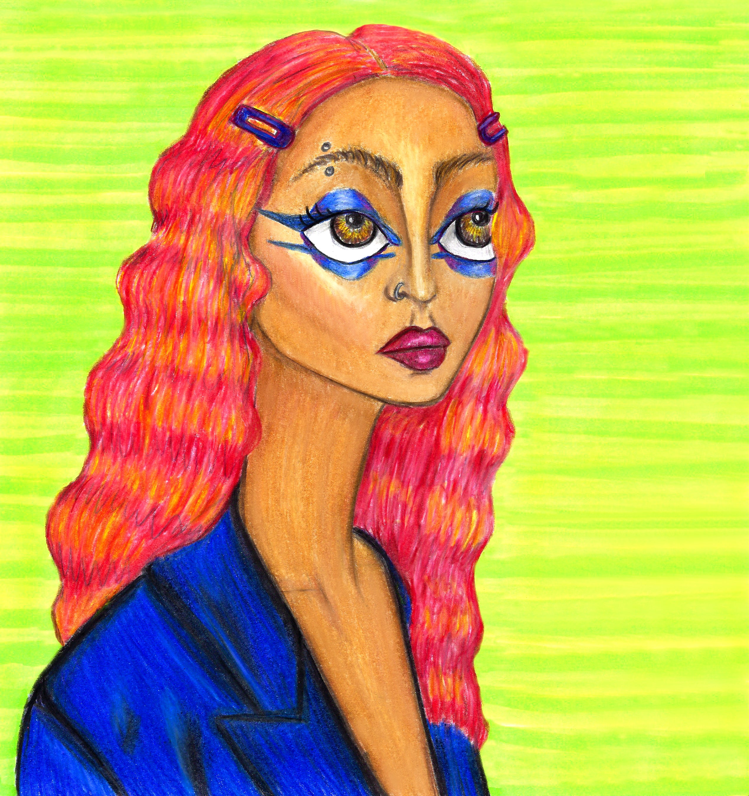 Colored pencil portrait of a woman’s bust in profile. She has caramel-colored skin, vivid blue eye makeup, a red lip, an eyebrow piercing, and striped red-and-orange hair pinned back with purple clips. She wears a bright blue blazer against a neon green striped background.