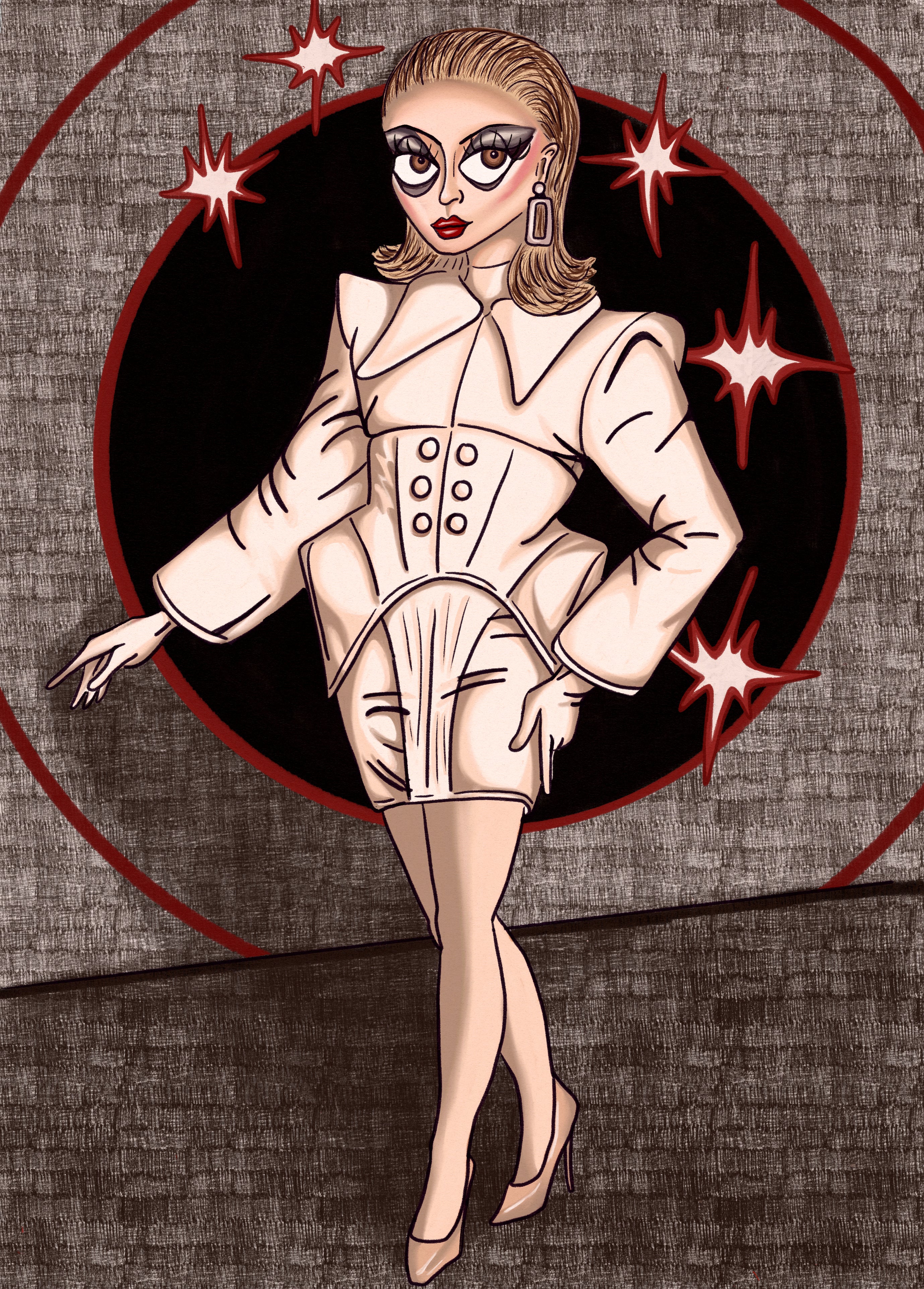 A digital illustration of drag artist Myki Meeks. She wears a beige skirt suit with exaggerated shoulders and hips, with matching gloves, tights, and shoes making the whole outfit monochrome. Her hair is a slicked-back blonde bob, and her makeup features smoky grey eyeshadow, pink blush, and a dark red lip. The background is grey with dark red circles and stars that match her lipstick color.