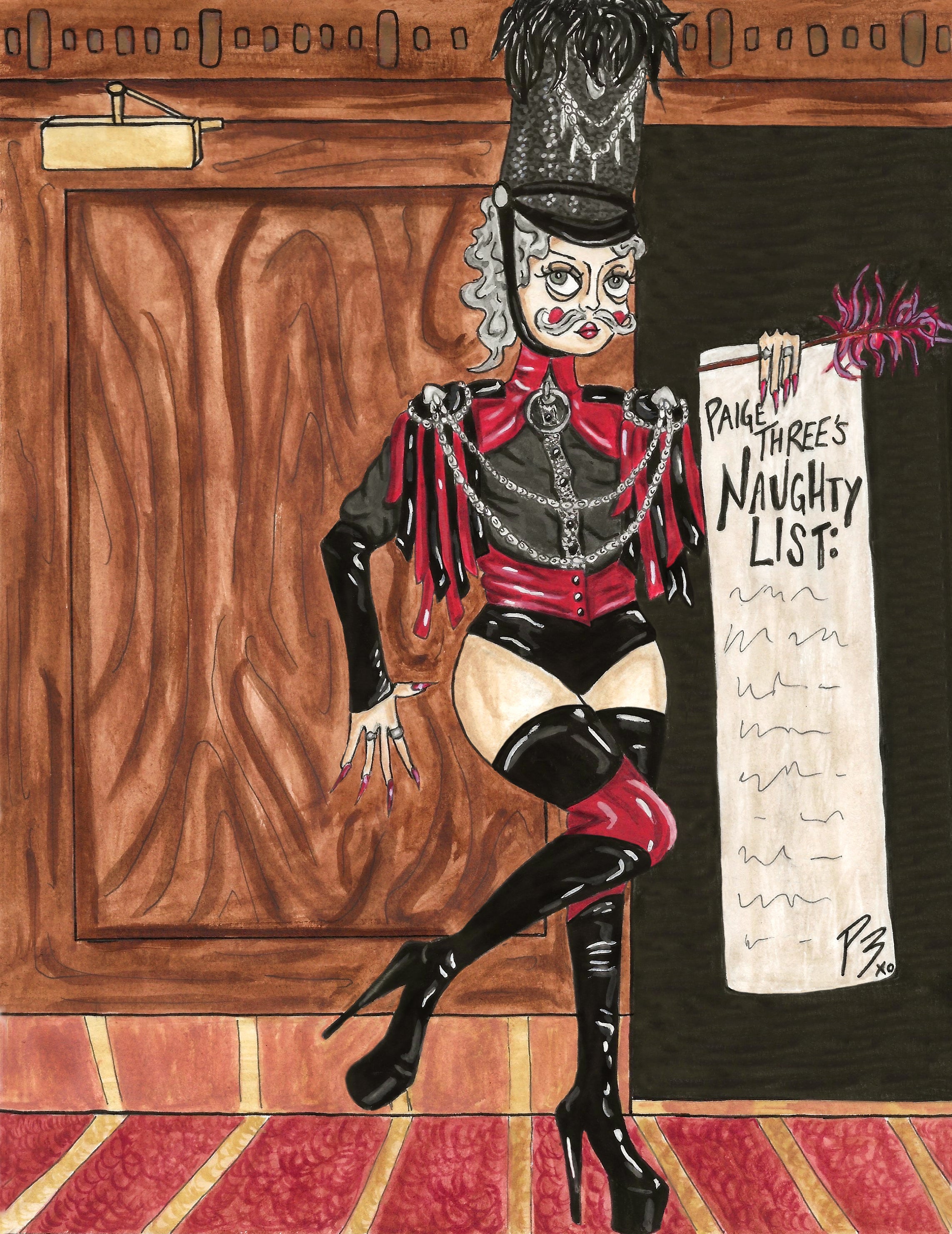 A watercolor and gouache painting of drag performer Paige Three, styled like a nutcracker with a BDSM twist. She wears thigh-high vinyl boots and gloves, a red corset, and structured shoulder pads with cascading vinyl strips linked by chains, along with a gray wig, mustache, and tall hat. Holding a quill pen, she presents a long sheet of paper reading “Paige Three’s Naughty List,” standing on a striped carpet before a large wooden door.