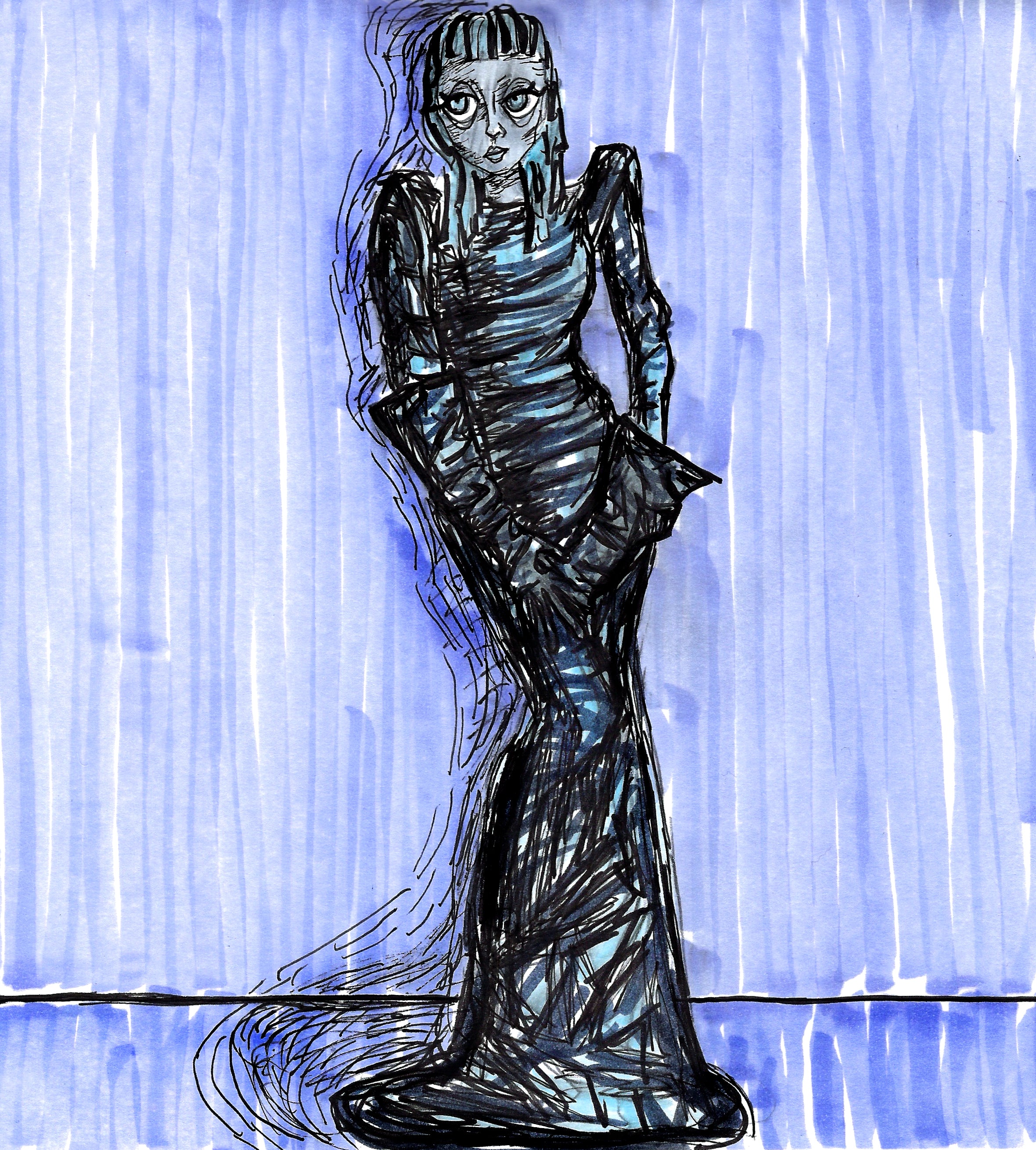 Mixed media composition of a feminine-presenting person in a long black latex gown and gloves. Their dark hair matches the dress and behind them is a lavender background. 