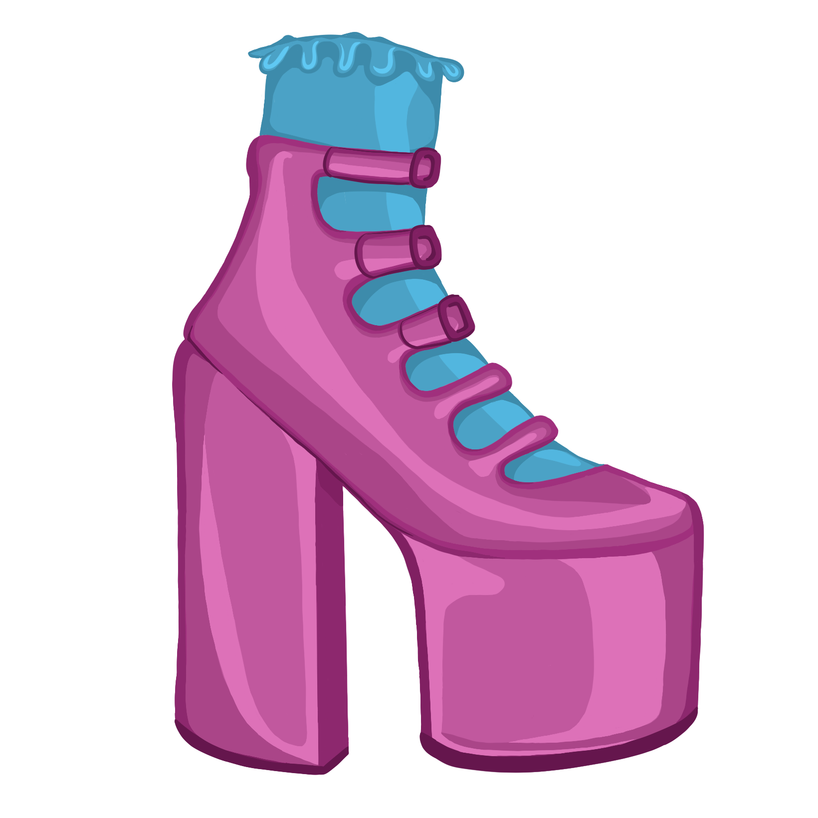 Decorative digital illustration of a blue frilly sock in a pink strappy high heel.