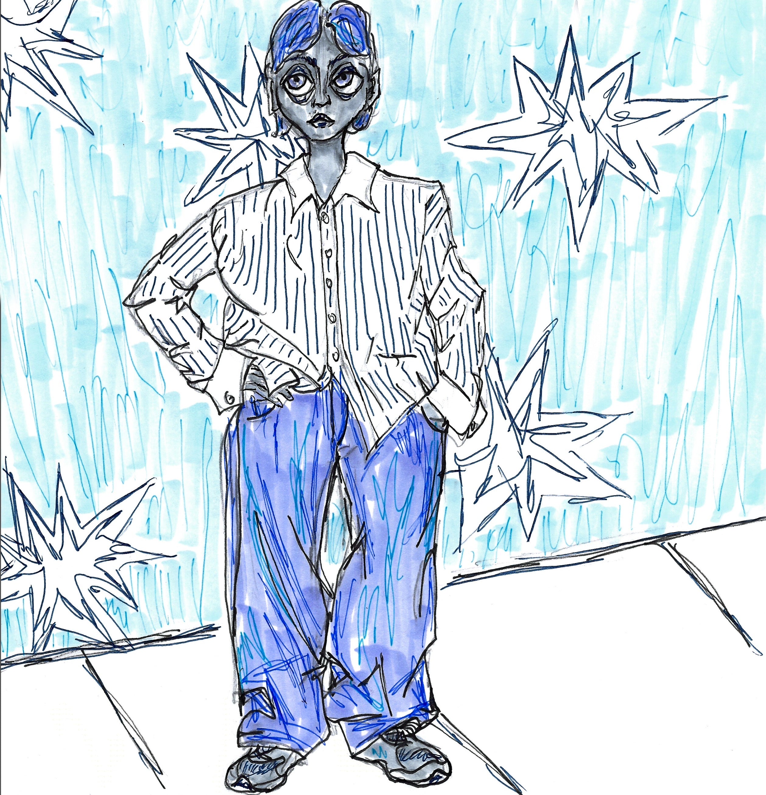 A mixed media drawing of a masculine-presenting person in a striped shirt, jeans, and sneakers. They have a mullet haircut and they stand with their hand on their hip, bunching up their shirt. The background behind them is embellished with large stars. 