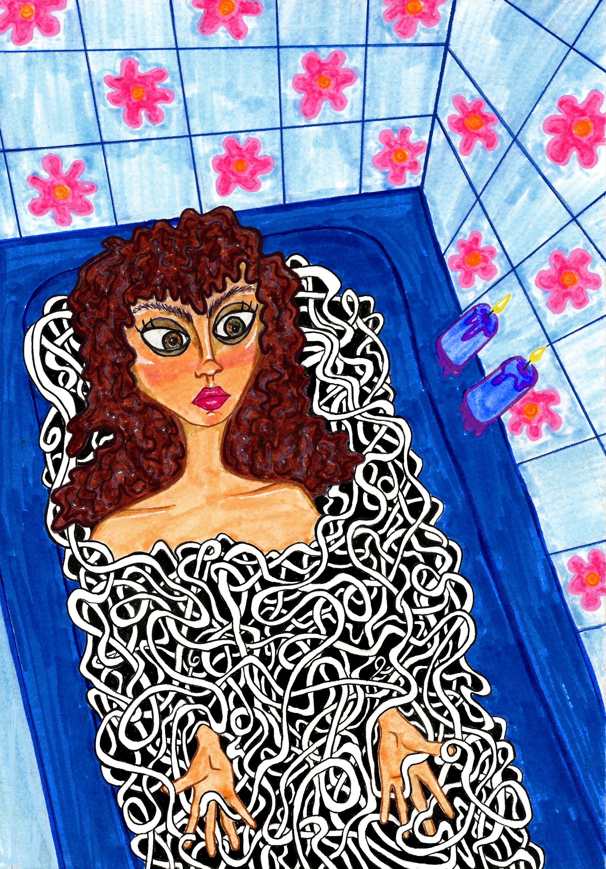 Mixed media composition depicting a feminine presenting person with green eyes and thick brown hair in a bathtub filled with squiggles. They wrap around their body like water would and interlace between their fingers. The tile around the bathrtub is patterned with flowers and two purple candles rest on the tub’s side. 