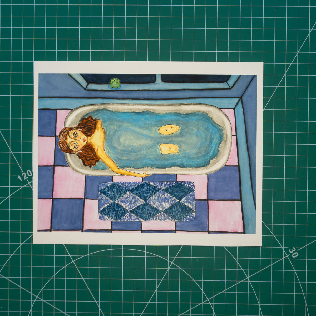 Gouache and watercolor painting of a girl in a bathtub positioned in the corner of a bathroom with a pink and purple checkered floor. A purple bath mat sits beside the tub, and a window with a candle rests on the ledge. Her knees peek above the water, and her dark hair floats just beneath the surface.