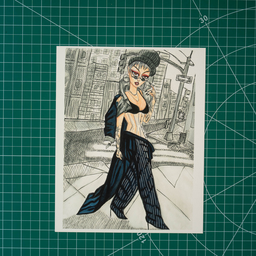 Mixed media portrait of Bosco, a drag performer, standing with one leg forward. She wears pinstripe trousers, stilettos, a cream corset, a black bra, and a long trench coat draped over her shoulders. She has a gray pixie cut, red eye makeup, tattoos on her forearms, and small glasses beneath a wide gray hat. The background suggests New York City in pen and light gray watercolor.