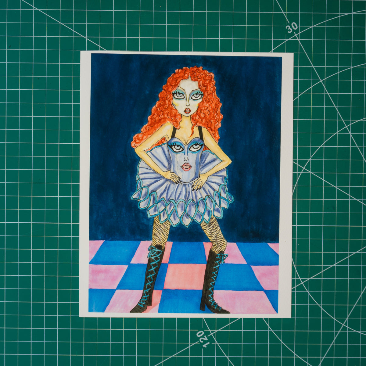 Mixed media illustration of one of Chappell Roan’s tour outfits. She stands centered on a blue and pink checkered floor wearing fishnets, knee-high boots with blue laces, and a lavender corset and structured tutu. The corset features an image of her face, echoing her intense blue eye makeup and red lip. Her red hair billows around her neck.