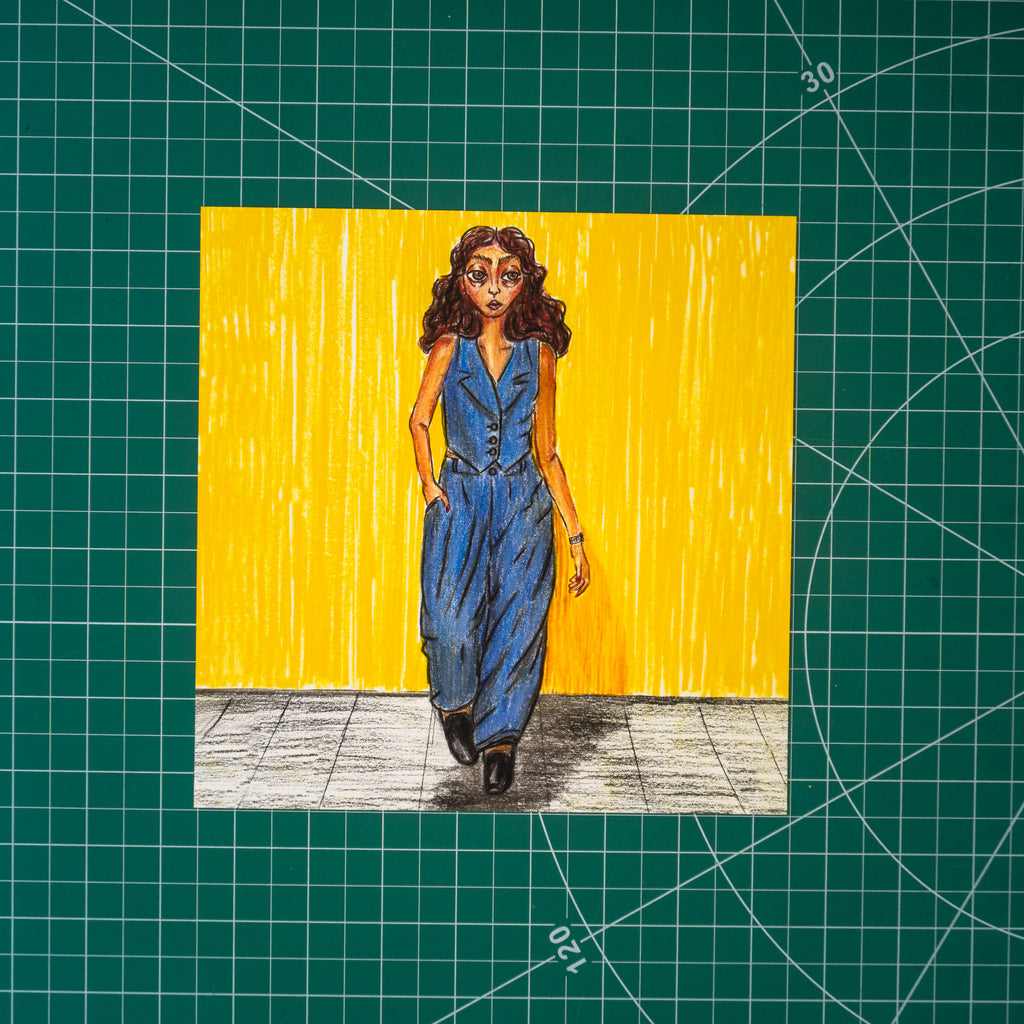 Colored pencil composition of a girl walking forward in a navy suit with billowing pants and a vest with a lapel. She has caramel-colored skin and dark brown hair, one hand in her pocket. A shadow falls across the gray floor beneath her, with a bright yellow wall behind.