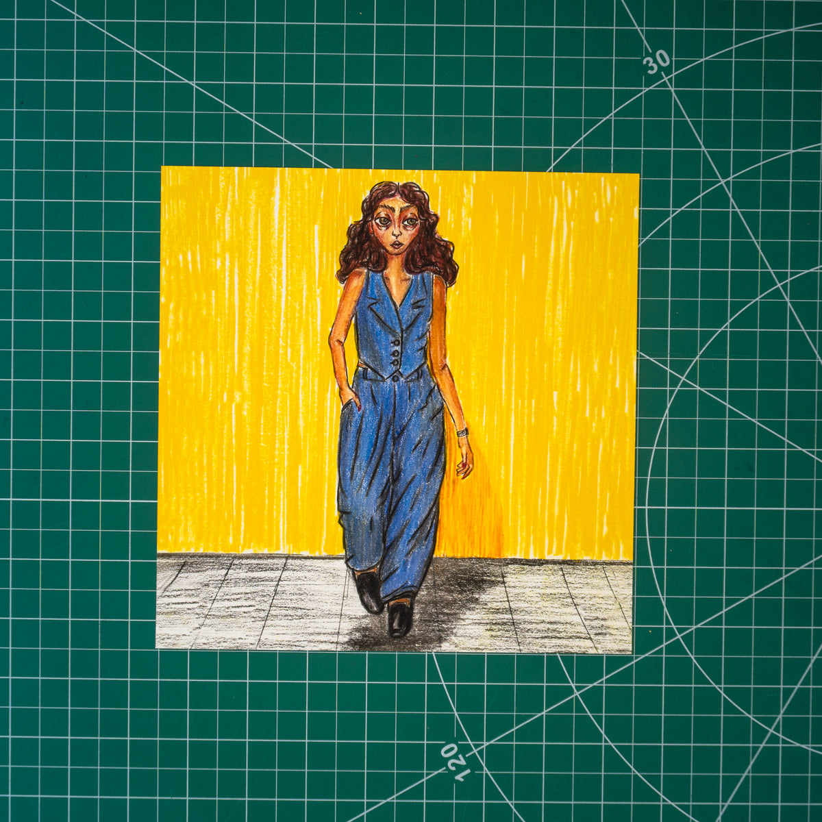 Colored pencil composition of a girl walking forward in a navy suit with billowing pants and a vest with a lapel. She has caramel-colored skin and dark brown hair, one hand in her pocket. A shadow falls across the gray floor beneath her, with a bright yellow wall behind.