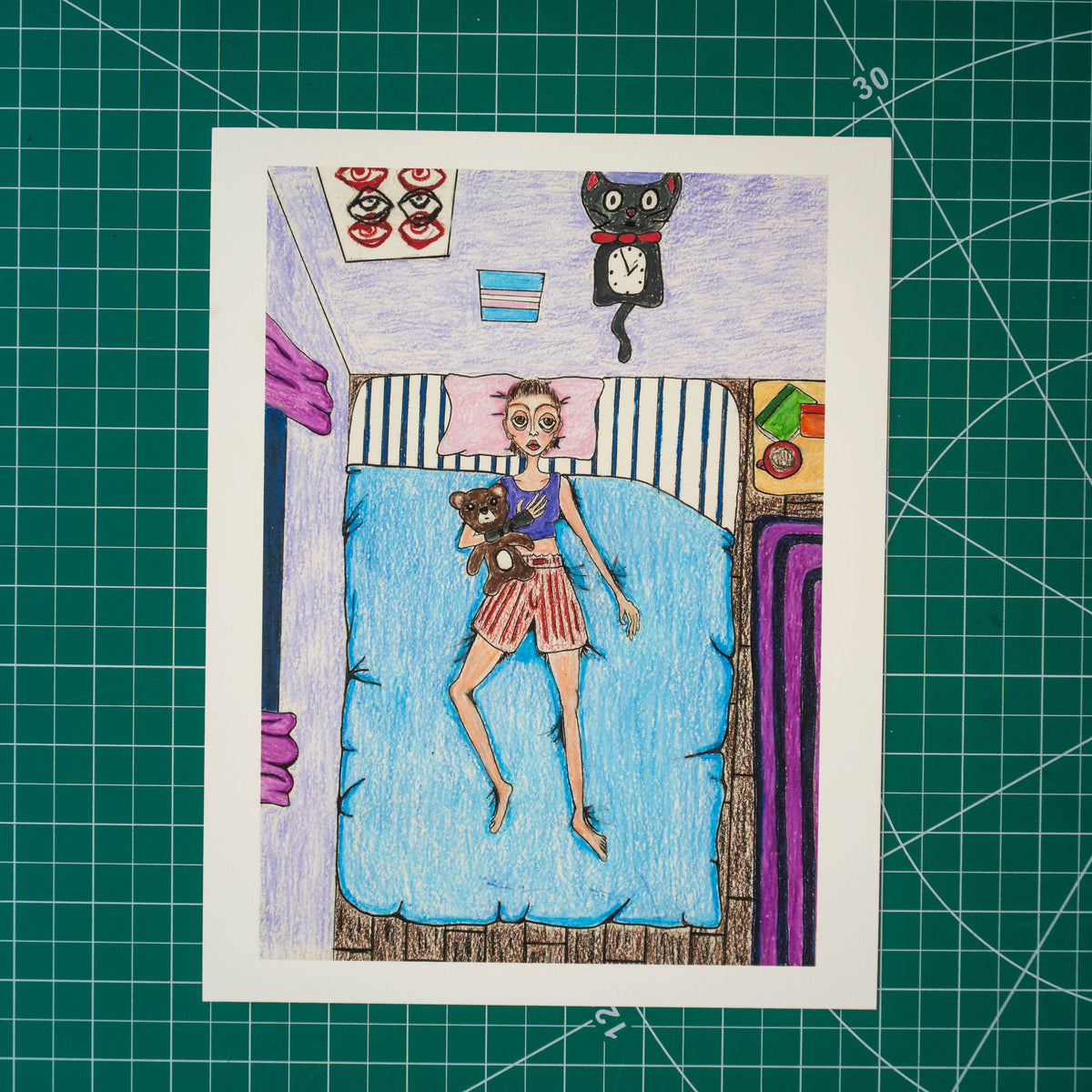 Colored pencil self-portrait of an androgynous person lying on a bed in the corner of a purple room. They wear boxers and a tank top, stare at the ceiling, and hold a teddy bear to their chest. A wrist brace is visible. Nearby are a mug of tea and books, while the wall displays a cat clock, a trans flag, and a poster.