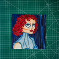 Mixed media illustration of a figure resembling Chappell Roan from the shoulders-up. She is wearing a blue turtleneck dress and blue eye makeup to match. Both her length hair and lips are a deep red color.