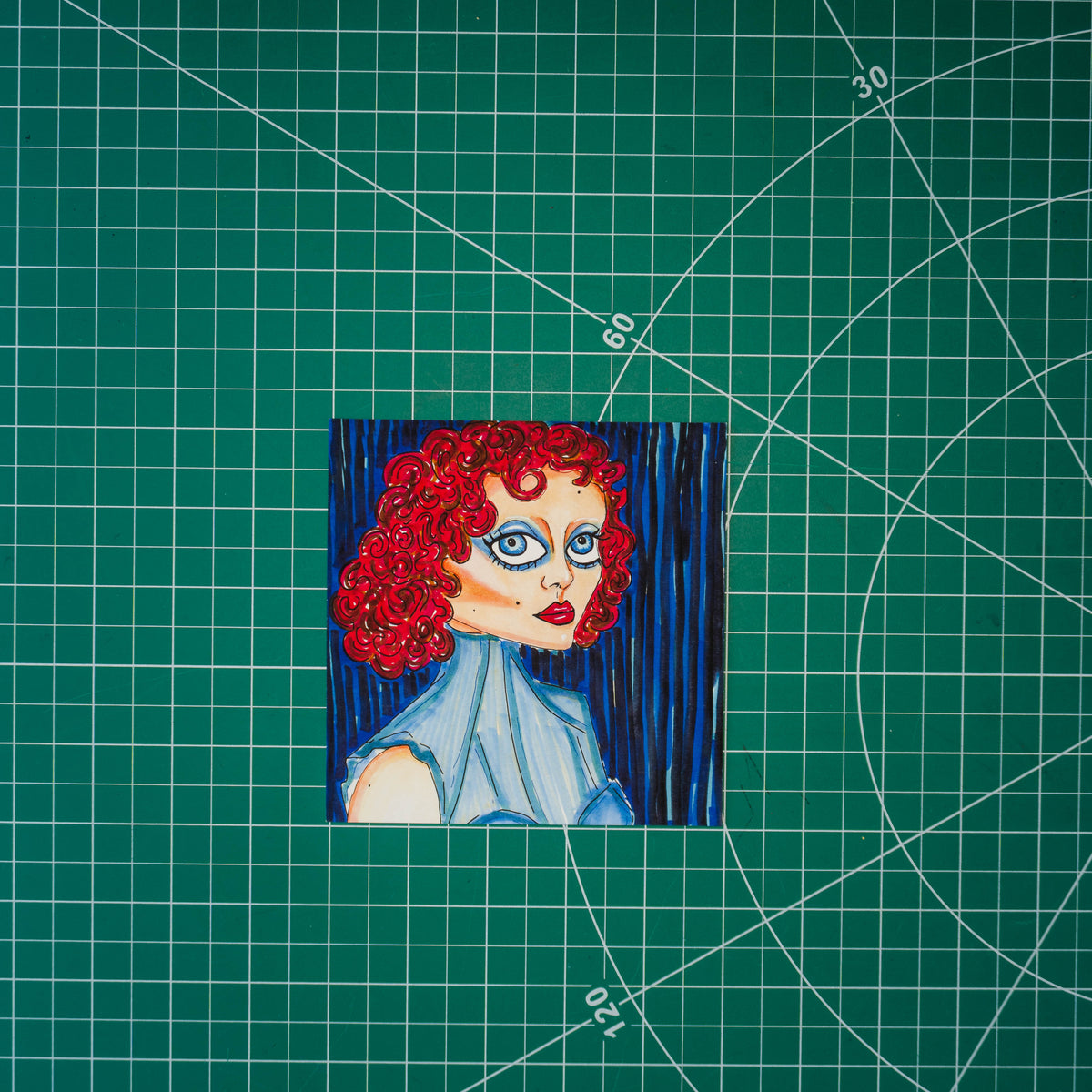 Mixed media illustration of a figure resembling Chappell Roan from the shoulders-up. She is wearing a blue turtleneck dress and blue eye makeup to match. Both her length hair and lips are a deep red color.