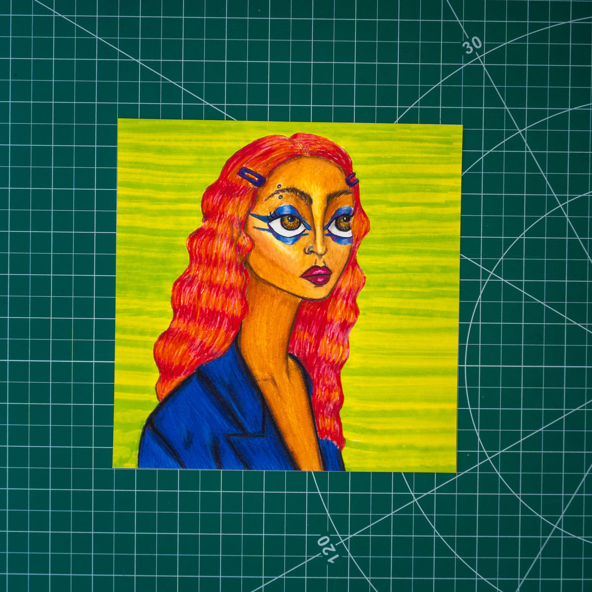 Colored pencil portrait of a woman’s bust in profile. She has caramel-colored skin, vivid blue eye makeup, a red lip, an eyebrow piercing, and striped red-and-orange hair pinned back with purple clips. She wears a bright blue blazer against a neon green striped background.