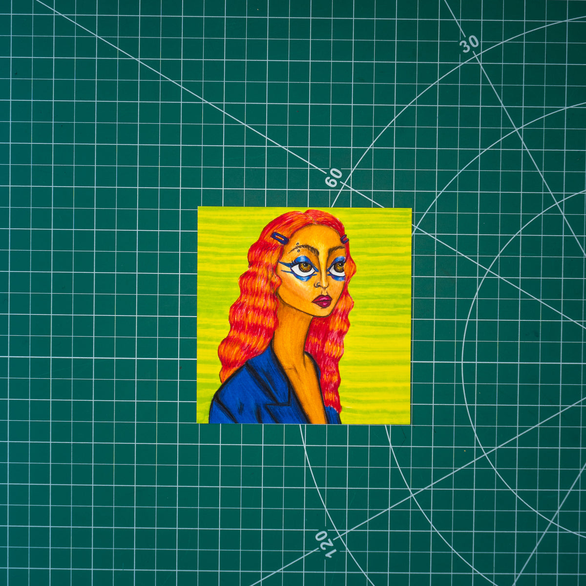 Colored pencil portrait of a woman’s bust in profile. She has caramel-colored skin, vivid blue eye makeup, a red lip, an eyebrow piercing, and striped red-and-orange hair pinned back with purple clips. She wears a bright blue blazer against a neon green striped background.