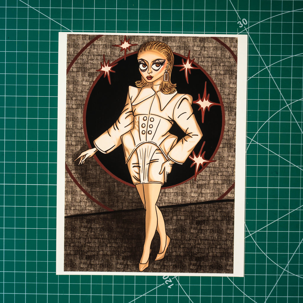 A digital illustration of drag artist Myki Meeks. She wears a beige skirt suit with exaggerated shoulders and hips, with matching gloves, tights, and shoes making the whole outfit monochrome. Her hair is a slicked-back blonde bob, and her makeup features smoky grey eyeshadow, pink blush, and a dark red lip. The background is grey with dark red circles and stars that match her lipstick color.
