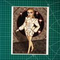 A digital illustration of drag artist Myki Meeks. She wears a beige skirt suit with exaggerated shoulders and hips, with matching gloves, tights, and shoes making the whole outfit monochrome. Her hair is a slicked-back blonde bob, and her makeup features smoky grey eyeshadow, pink blush, and a dark red lip. The background is grey with dark red circles and stars that match her lipstick color.