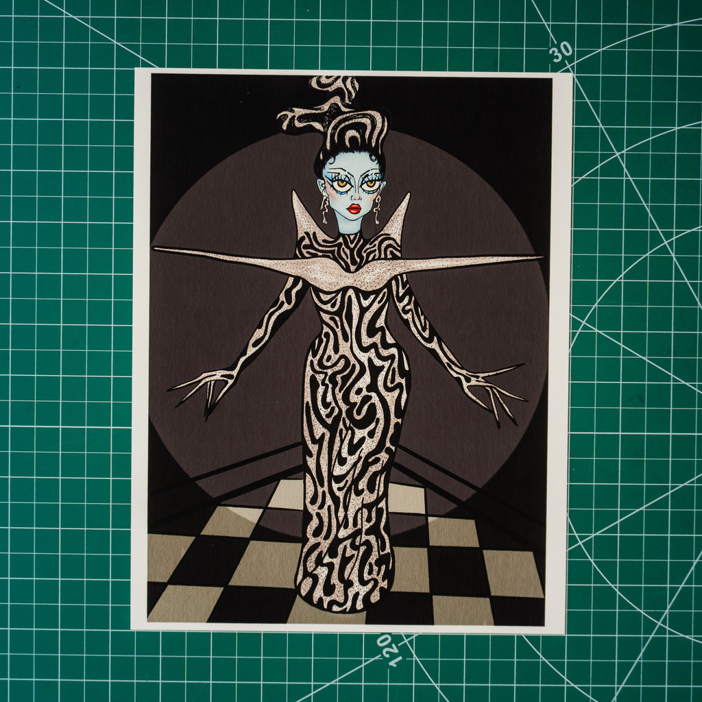 Digital drawing of drag performer Nini Coco. She wears a sculptural, patterned gown with a matching wig. Her face is painted blue with heavy drag makeup, and she stands on a checkered floor.