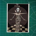 Digital drawing of drag performer Nini Coco. She wears a sculptural, patterned gown with a matching wig. Her face is painted blue with heavy drag makeup, and she stands on a checkered floor.