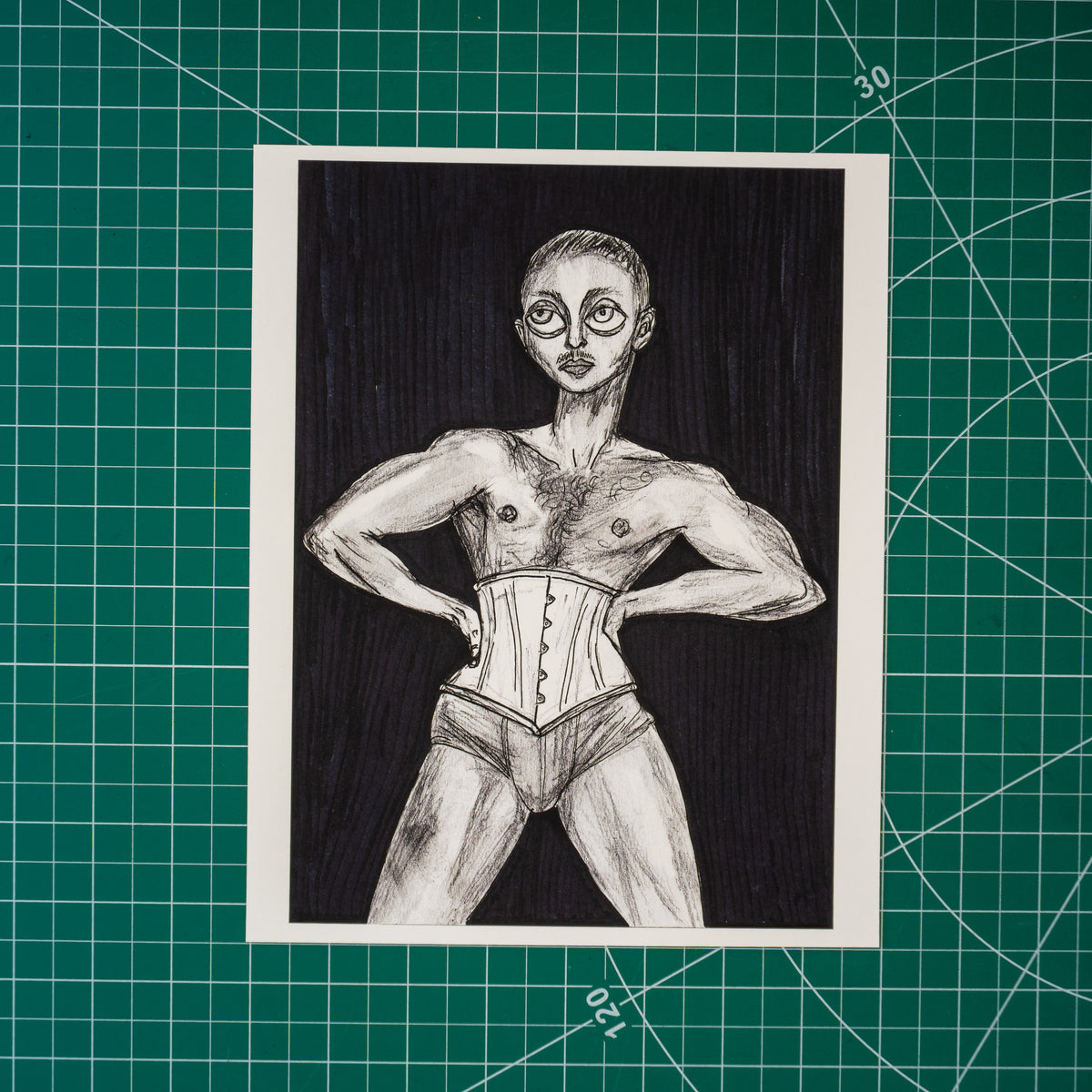 Mixed media grayscale composition of drag artist Pattie Gonia out of drag. They are naked besides boxers and a corset around their waist. They look both masculine and feminine with their musculature and body hair as their hands rest on their waist. 