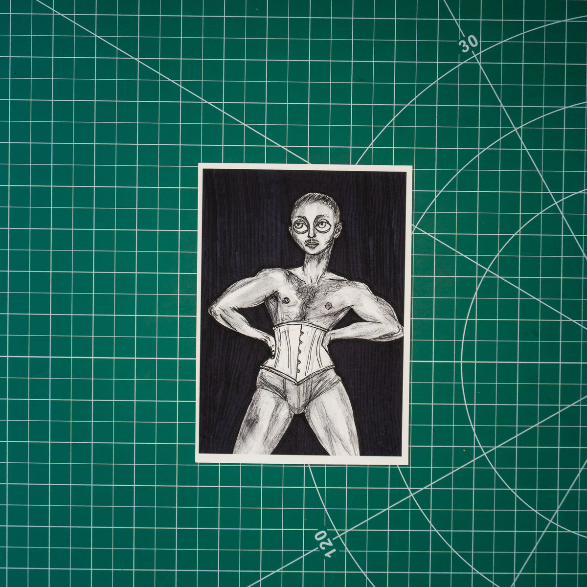 Mixed media grayscale composition of drag artist Pattie Gonia out of drag. They are naked besides boxers and a corset around their waist. They look both masculine and feminine with their musculature and body hair as their hands rest on their waist. 