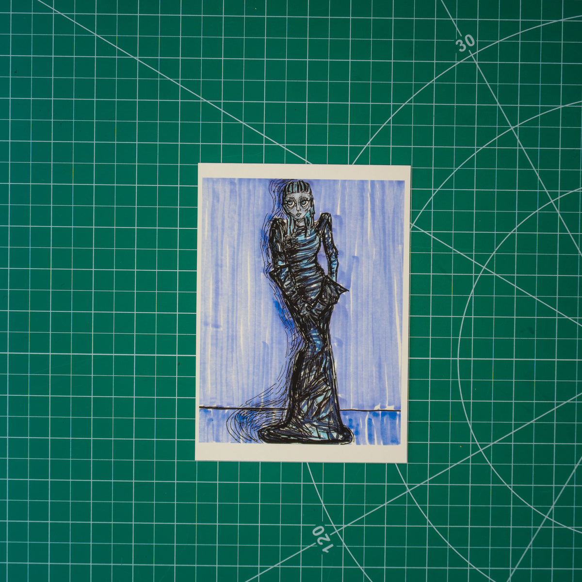 Mixed media composition of a feminine-presenting person in a long black latex gown and gloves. Their dark hair matches the dress and behind them is a lavender background. 