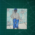 A mixed media drawing of a masculine-presenting person in a striped shirt, jeans, and sneakers. They have a mullet haircut and they stand with their hand on their hip, bunching up their shirt. The background behind them is embellished with large stars. 