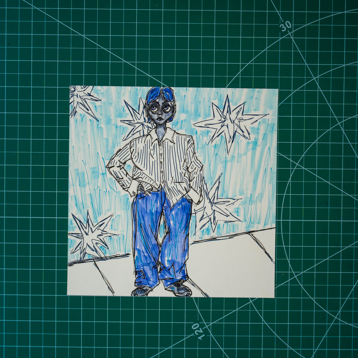 A mixed media drawing of a masculine-presenting person in a striped shirt, jeans, and sneakers. They have a mullet haircut and they stand with their hand on their hip, bunching up their shirt. The background behind them is embellished with large stars. 