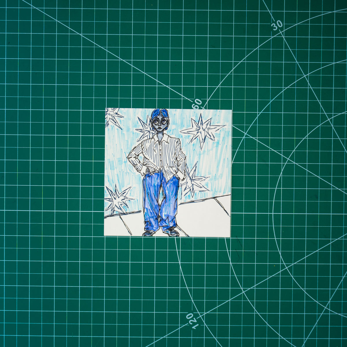 A mixed media drawing of a masculine-presenting person in a striped shirt, jeans, and sneakers. They have a mullet haircut and they stand with their hand on their hip, bunching up their shirt. The background behind them is embellished with large stars. 