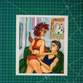 Watercolor and gouache painting of t4t intimacy. One person sits on a couch while the other leans over them, hand wrapped around their neck. They look at each other with love in their eyes. Behind them on the wall hang a crocheted watermelon slice, a trans flag, and a framed print of two cats.
