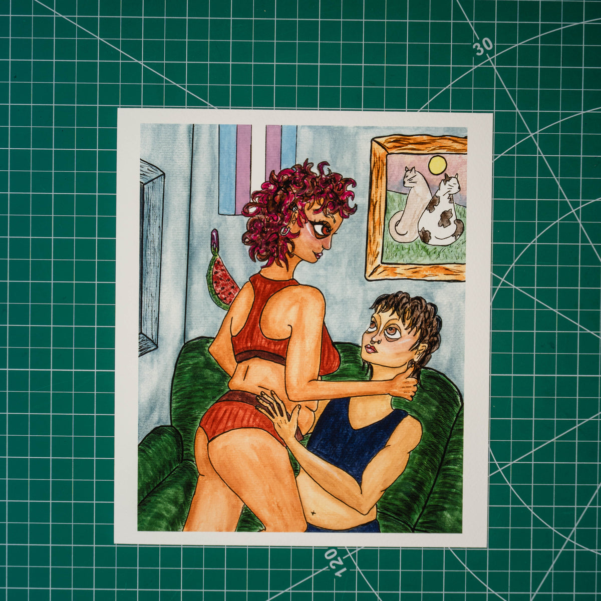 Watercolor and gouache painting of t4t intimacy. One person sits on a couch while the other leans over them, hand wrapped around their neck. They look at each other with love in their eyes. Behind them on the wall hang a crocheted watermelon slice, a trans flag, and a framed print of two cats.