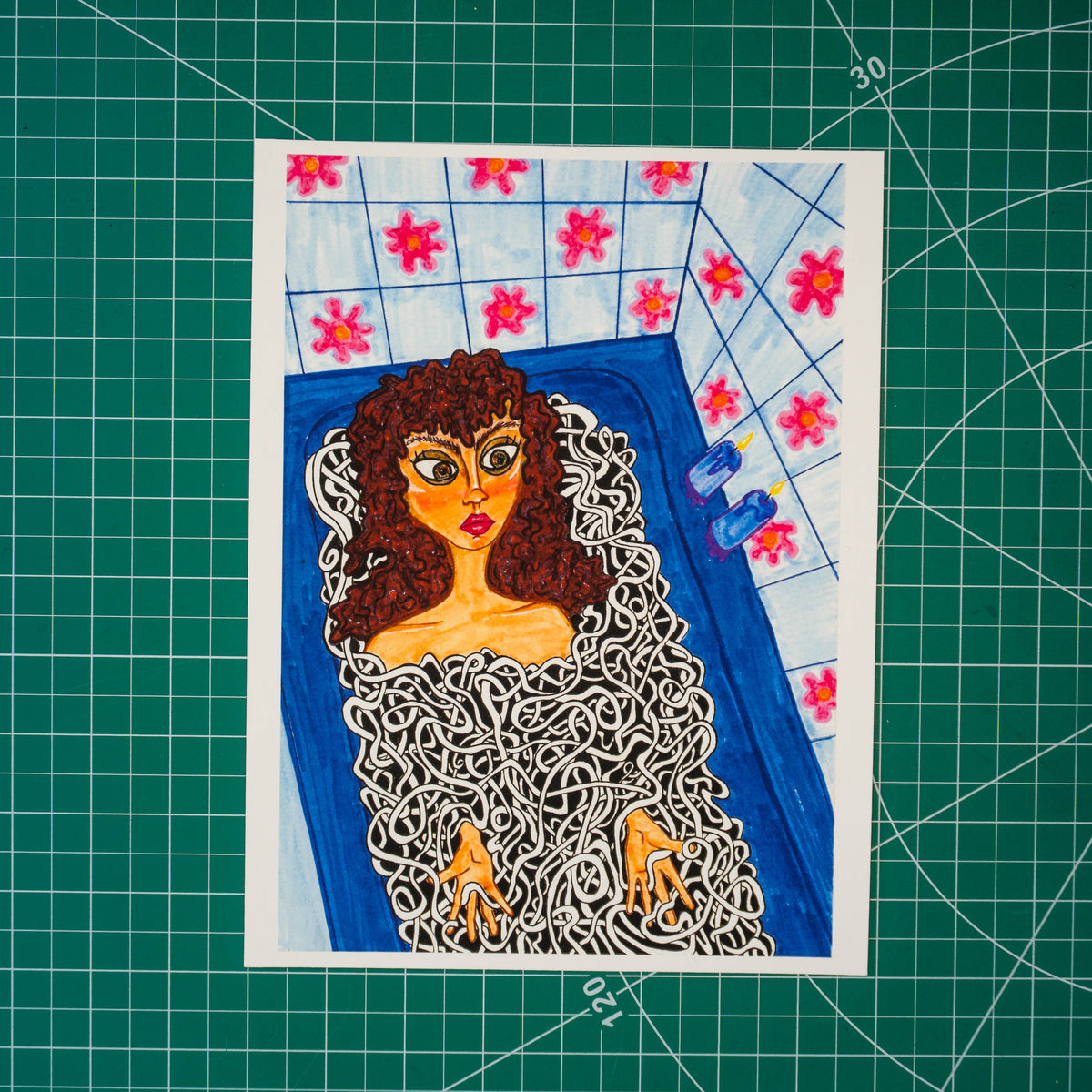 Mixed media composition depicting a feminine presenting person with green eyes and thick brown hair in a bathtub filled with squiggles. They wrap around their body like water would and interlace between their fingers. The tile around the bathrtub is patterned with flowers and two purple candles rest on the tub’s side. 